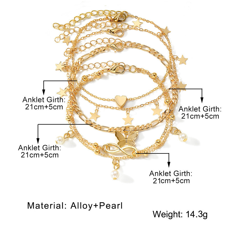 Luxury Butterfly & Pearl Anklet Set | 4-Piece Multi-Layer | Women's Jewellery