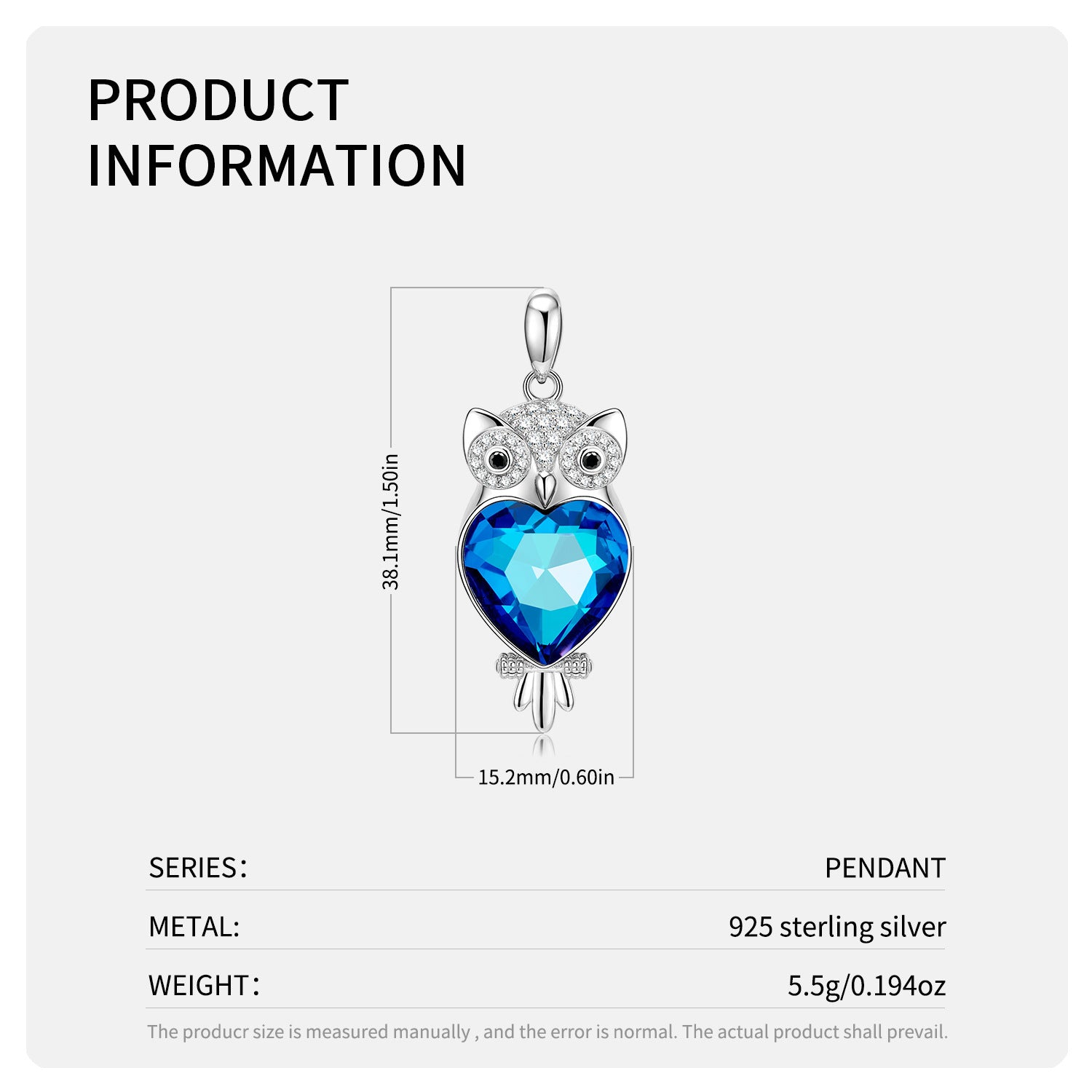 Midnight Owl – 925 Sterling Silver Blue Crystal Luxury Pendant Necklace