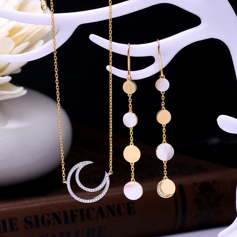 Shell Moon – Sterling Silver White Shell Asymmetric Tassel Luxury Ear Hook Earrings