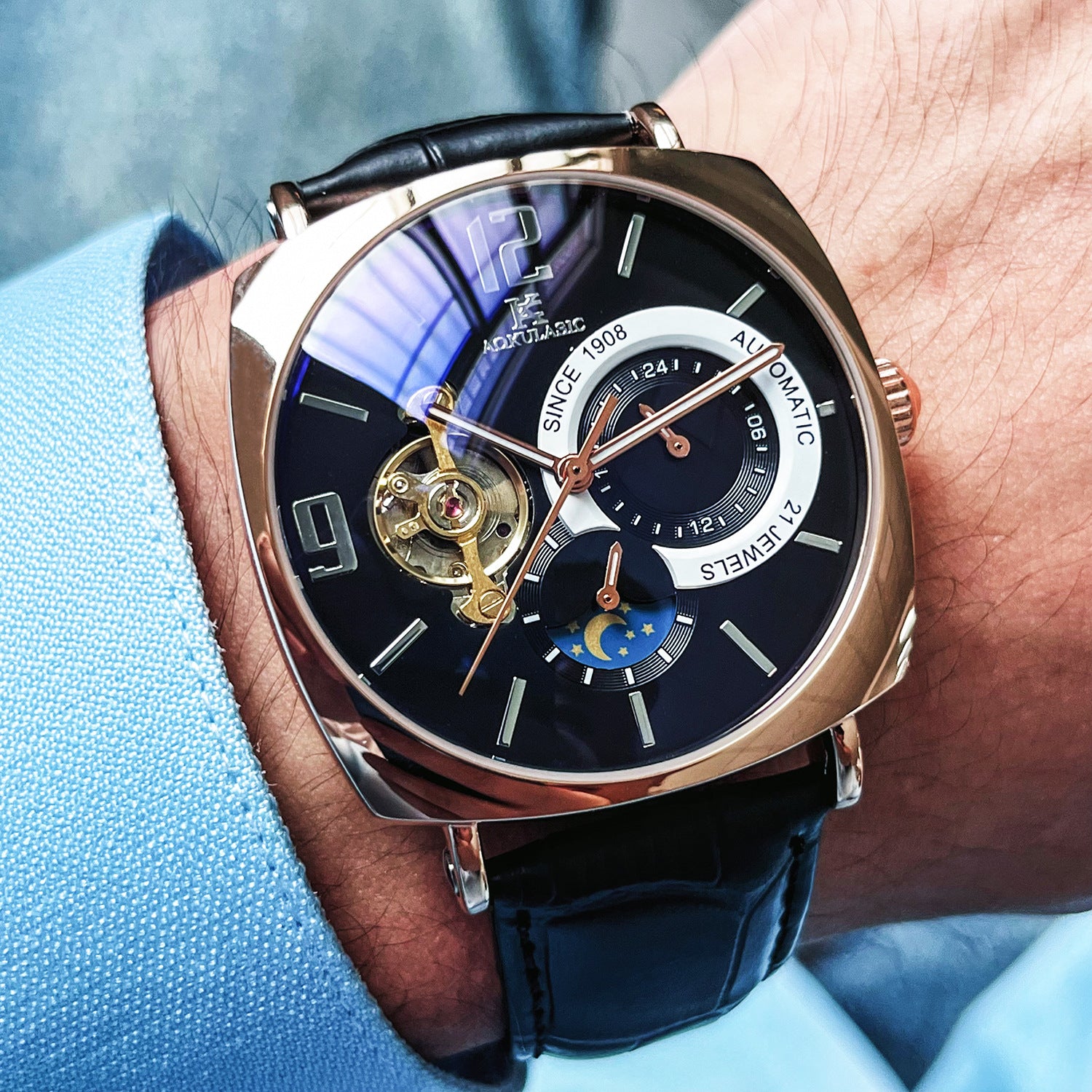Square Automatic Mechanical Watch – Men's Luxury Wristwatch | Rose Gold & Silver