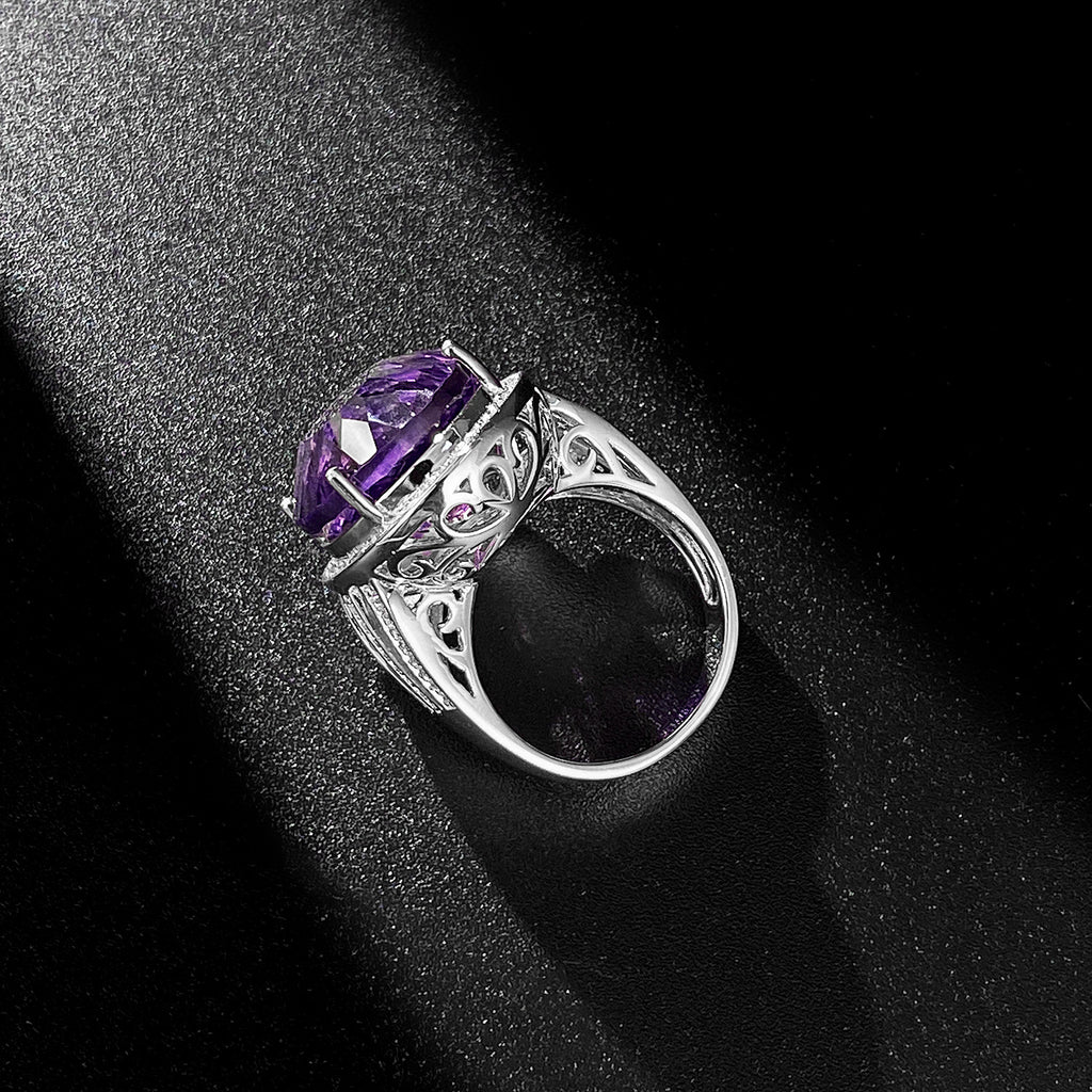 925 Silver Natural Amethyst Geometric Crystal Luxury Ring Sizes 6-9