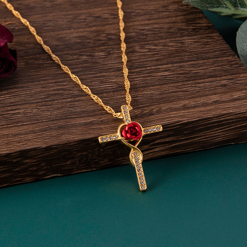 Sancta — Gold Rose Cross Crystal Necklace