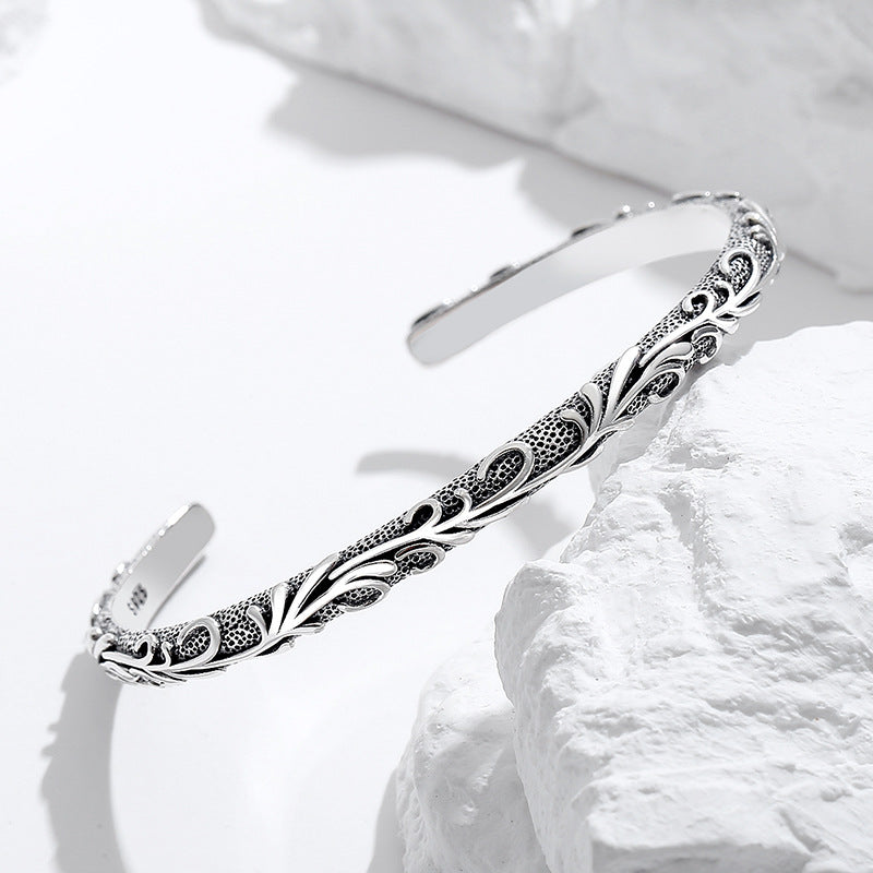 Thai Silver Vintage Tang Grass Carved 925 Sterling Silver Luxury Bracelet