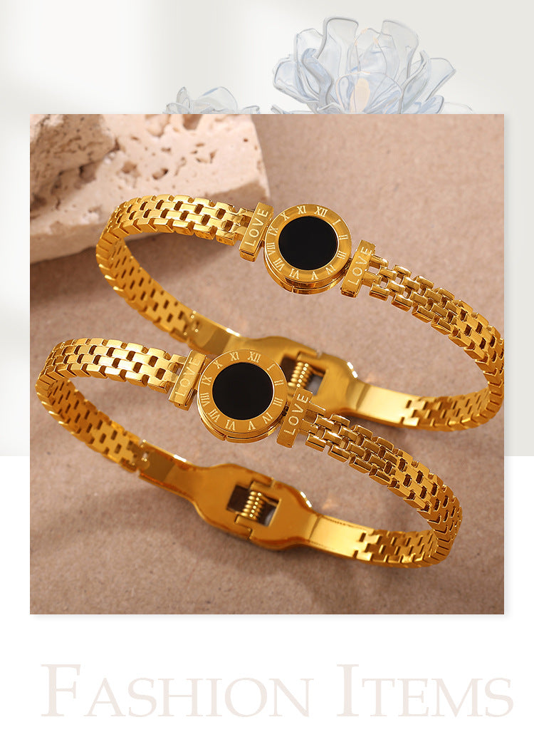 Gold Roman Numeral Black Disc Love Engraved Luxury Bracelet