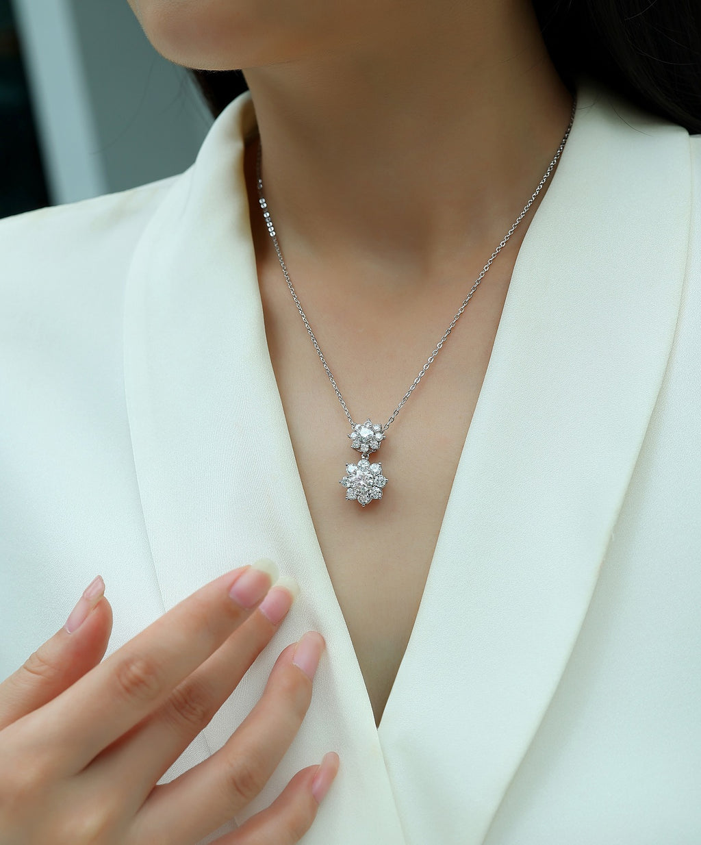 Moissanite Flower Pendant Necklace – Platinum-Plated Sterling Silver