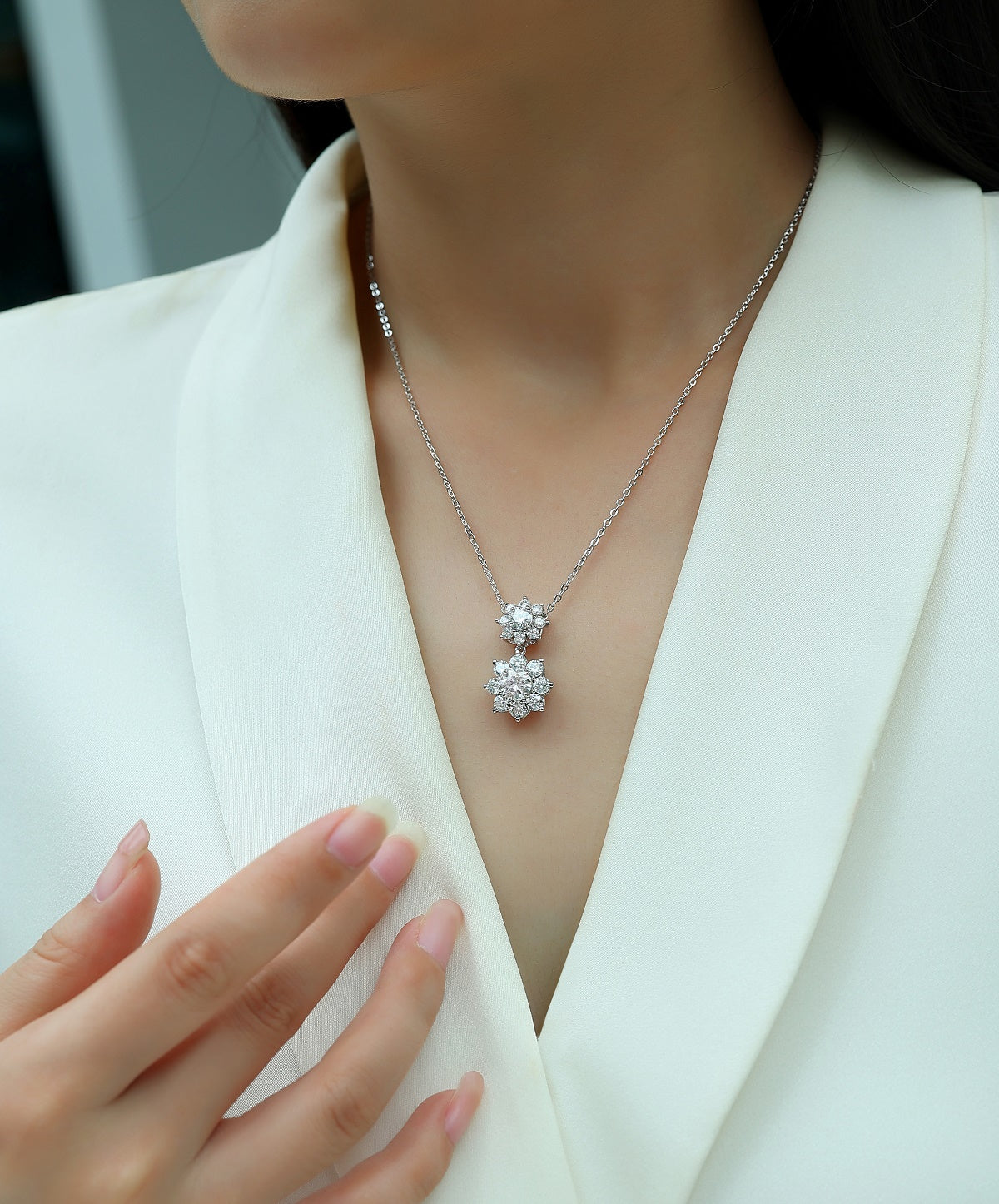 Moissanite Flower Pendant Necklace – Platinum-Plated Sterling Silver