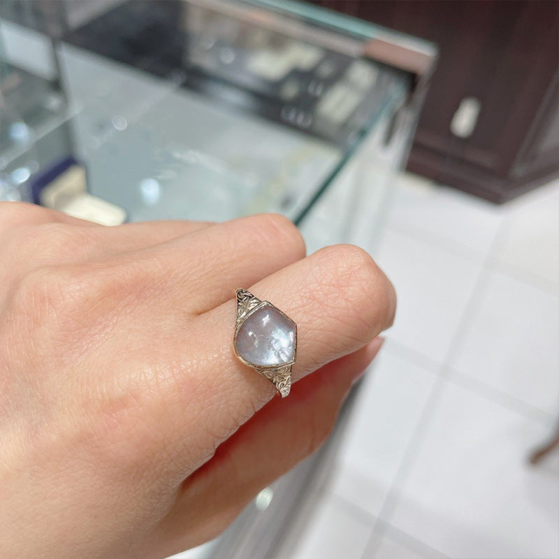 Vintage Carved Shell & Crystal Silver Ring | Luxury Women's Jewelry