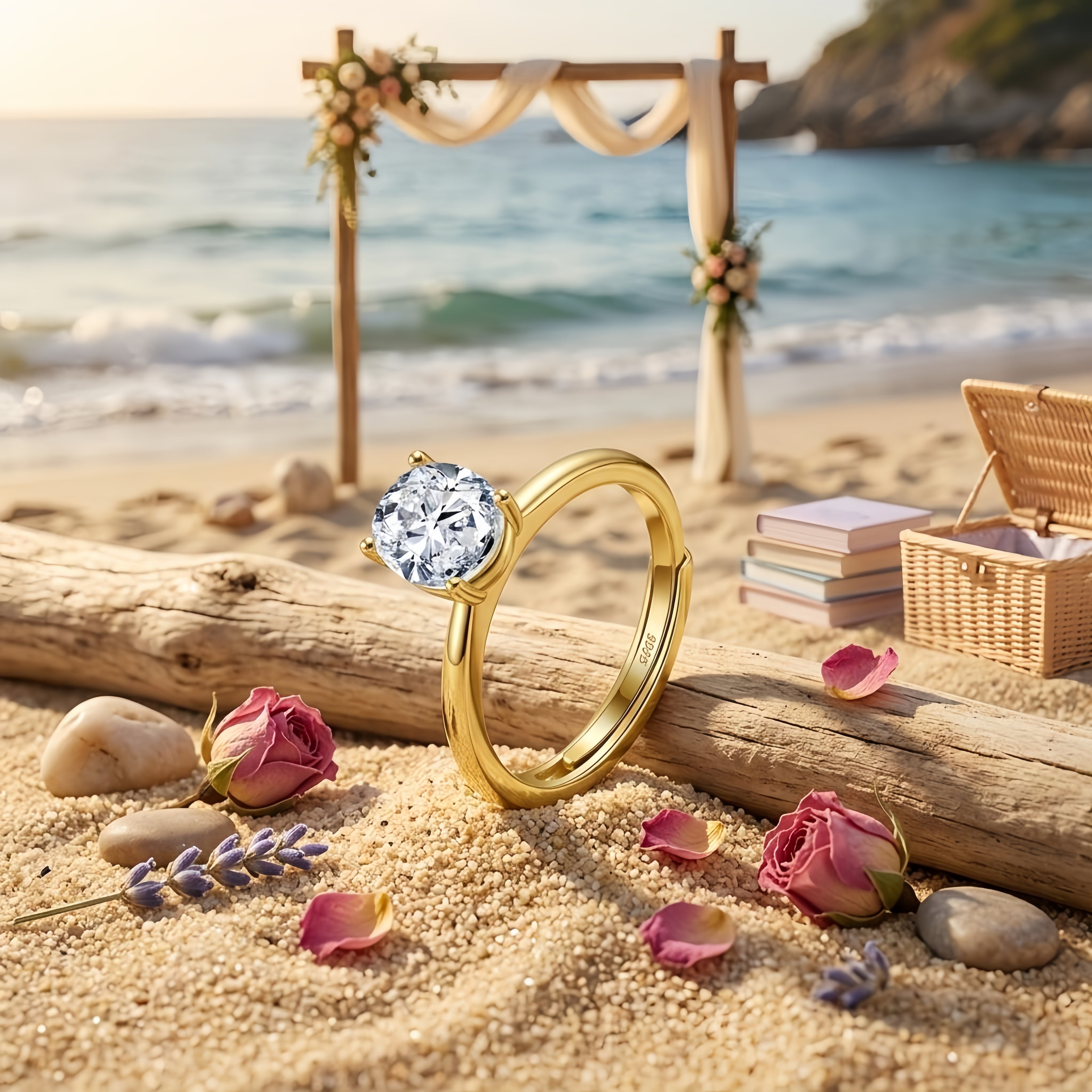 Gold Solitaire Ring | S925 Sterling Silver | Four-Prong Brilliant Cut