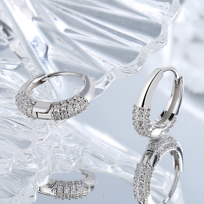 Diamond Set Zircon French Oval Geometric 925 Silver Luxury Earrings