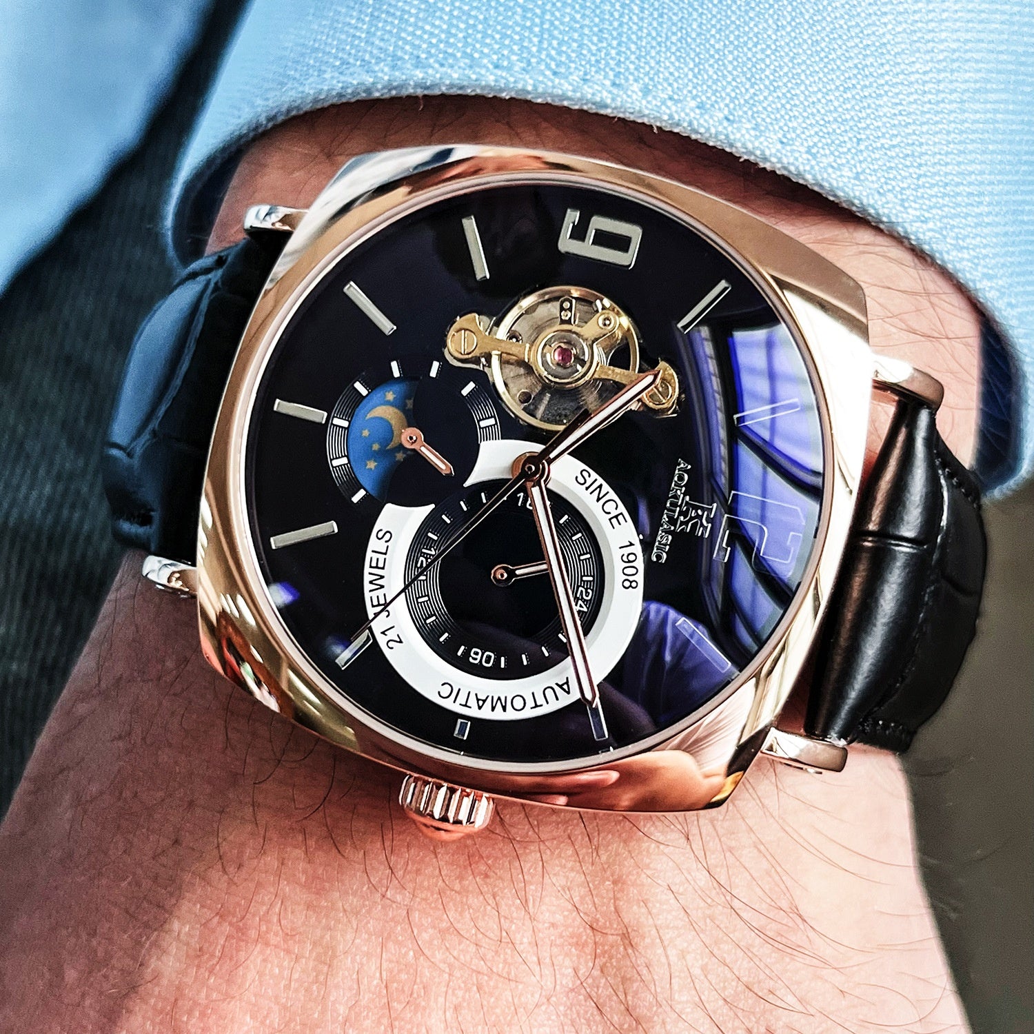 Square Automatic Mechanical Watch – Men's Luxury Wristwatch | Rose Gold & Silver
