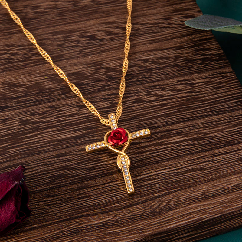 Sancta — Gold Rose Cross Crystal Necklace