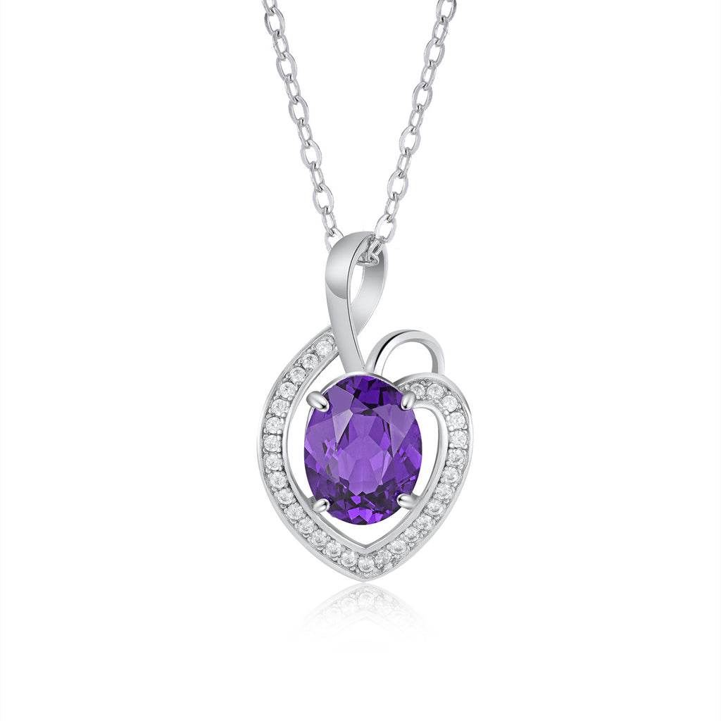 925 Sterling Silver Natural Amethyst Heart Shaped Luxury Pendant Necklace