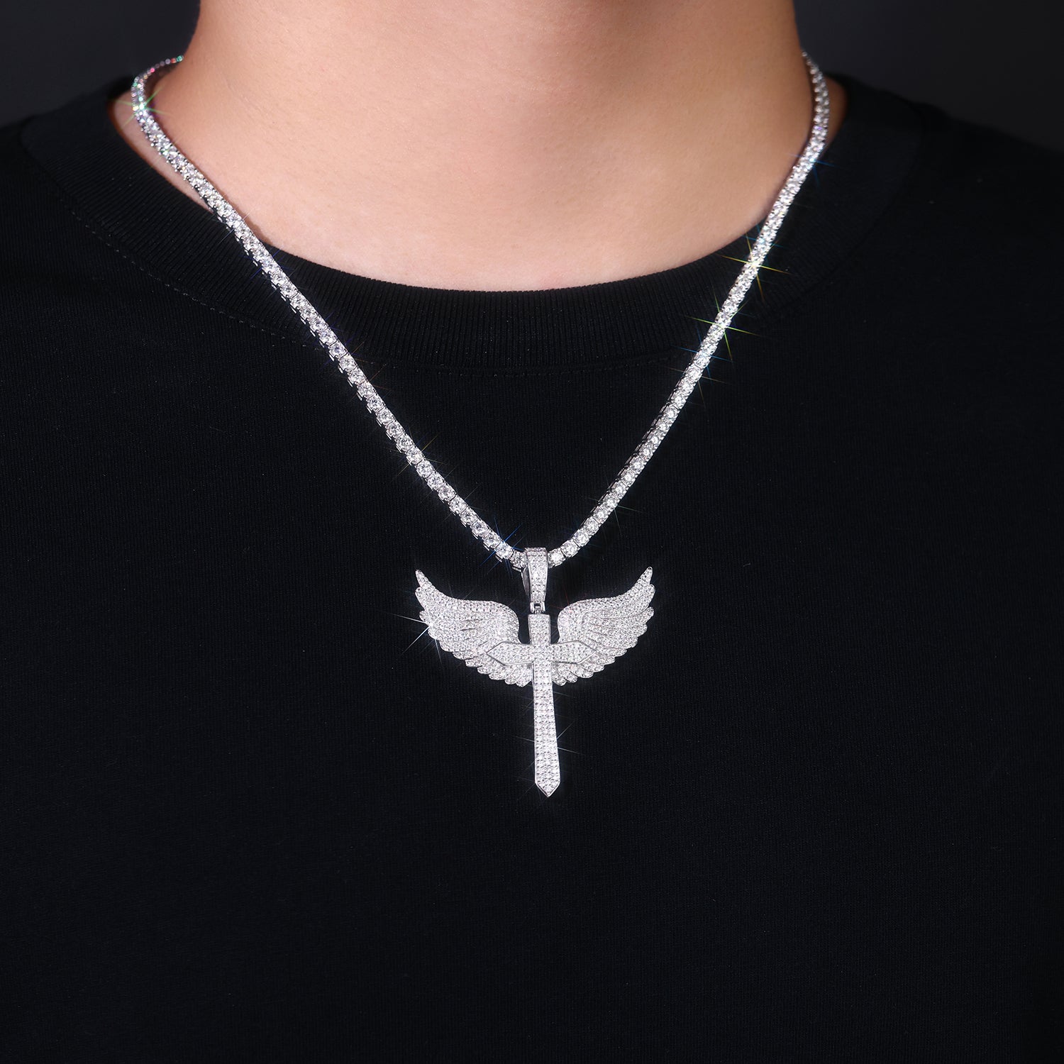 Angel Wings Moissanite Pendant — S925 Silver with Platinum Plating