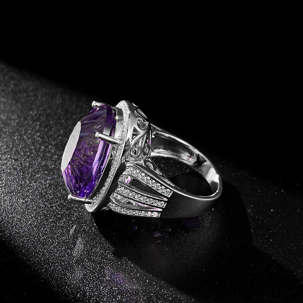 925 Silver Natural Amethyst Geometric Crystal Luxury Ring Sizes 6-9