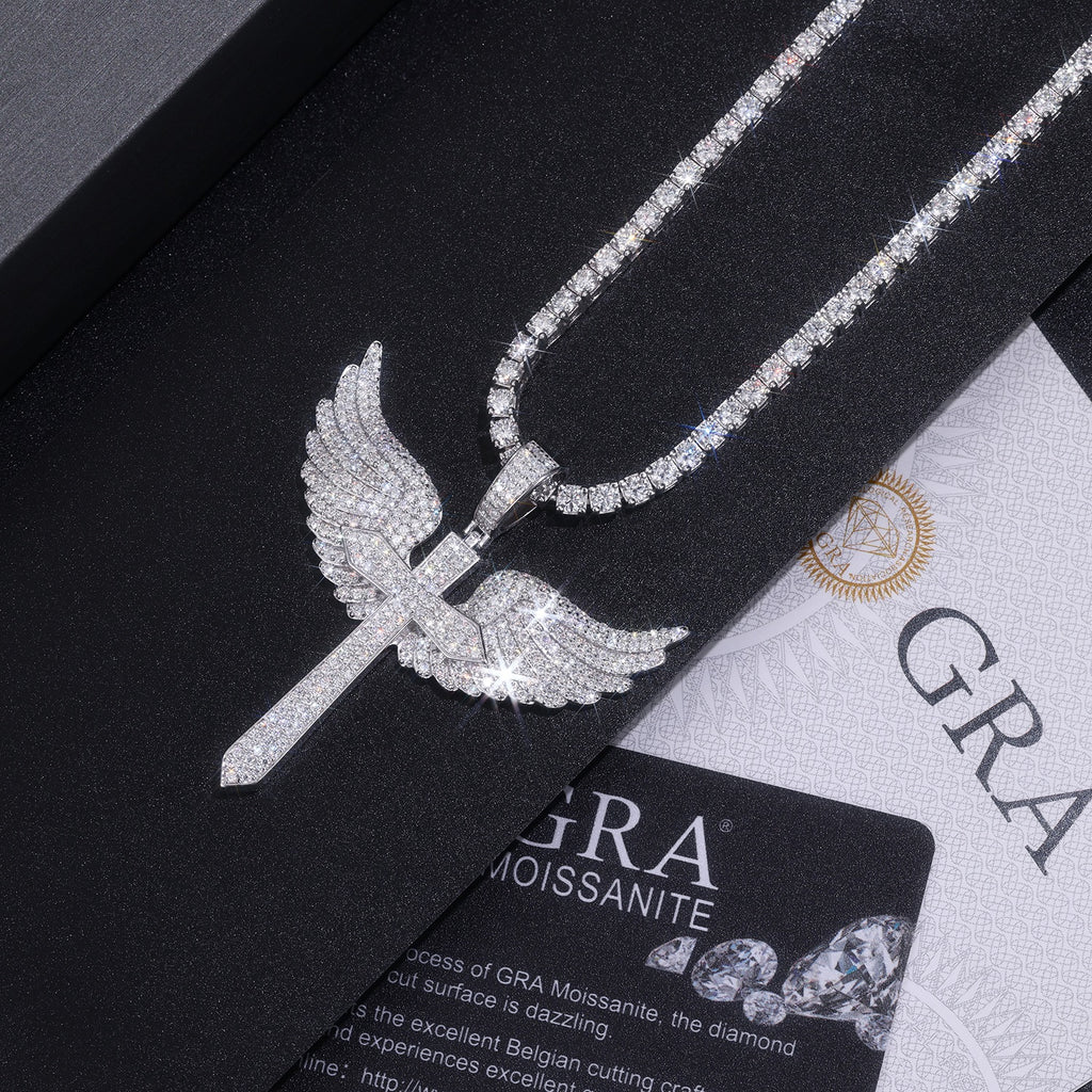 Angel Wings Moissanite Pendant — S925 Silver with Platinum Plating