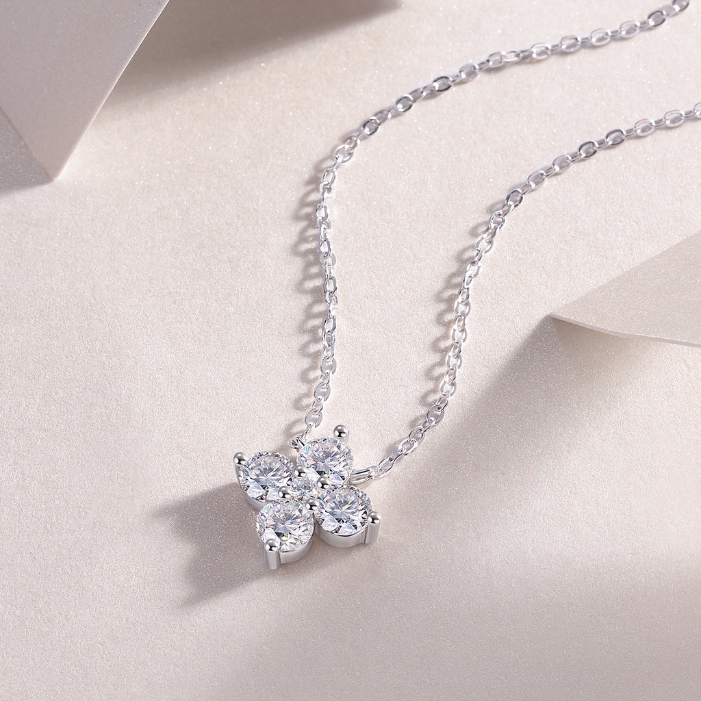 Lucky Four-Leaf Clover Pendant Necklace – Moissanite | Platinum-Plated Silver