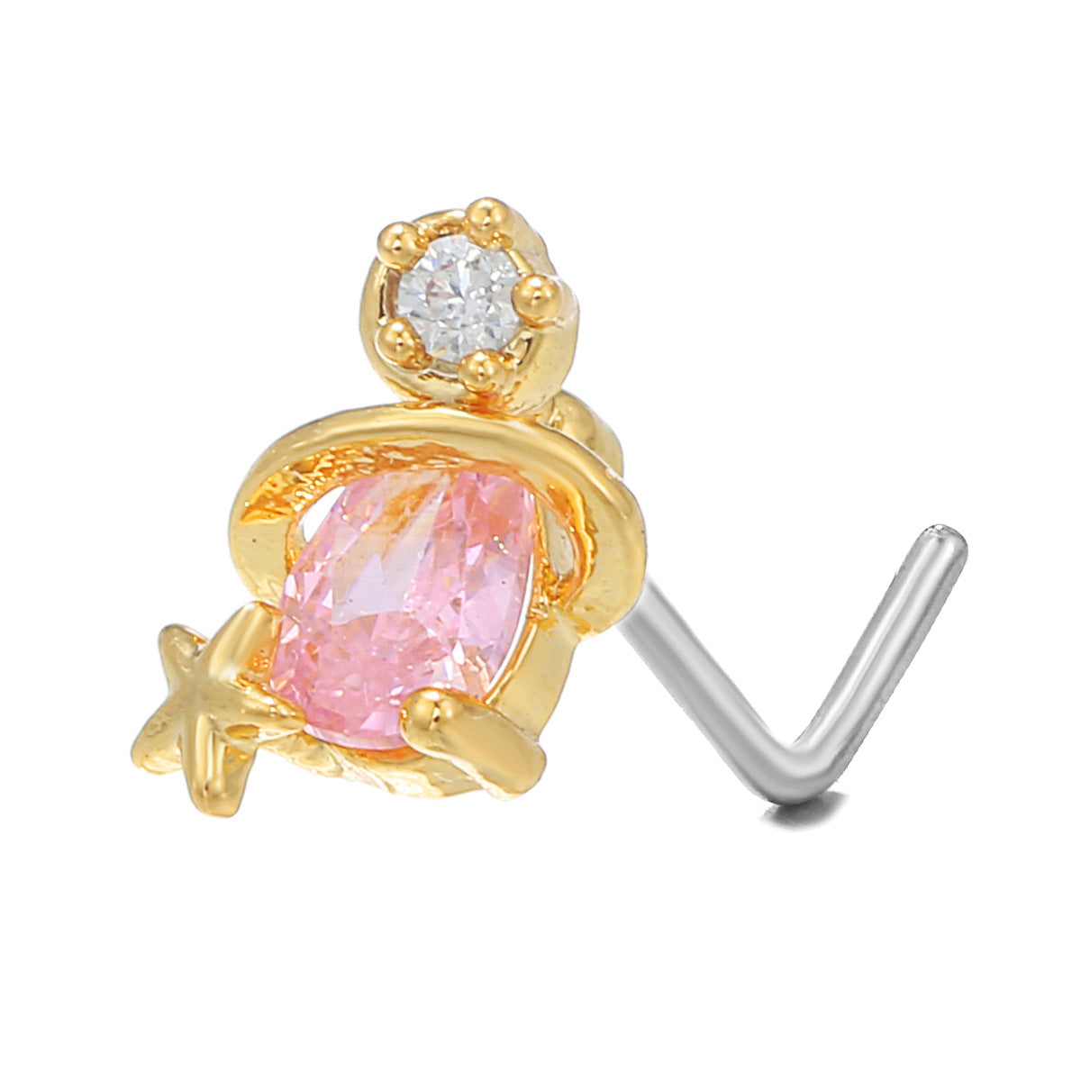 18K Zircon Nose Stud | Luxury Geometric Piercing | Gold, Silver & Pink