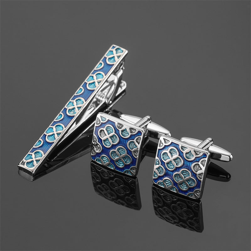 18K Floral Cufflinks & Tie Clip Set — Rose, Crystal & Enamel