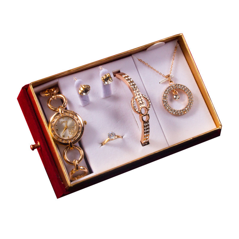 5-Piece Luxury Jewelry Set – Watch, Bracelet, Necklace, Earrings & Ring Gift Box