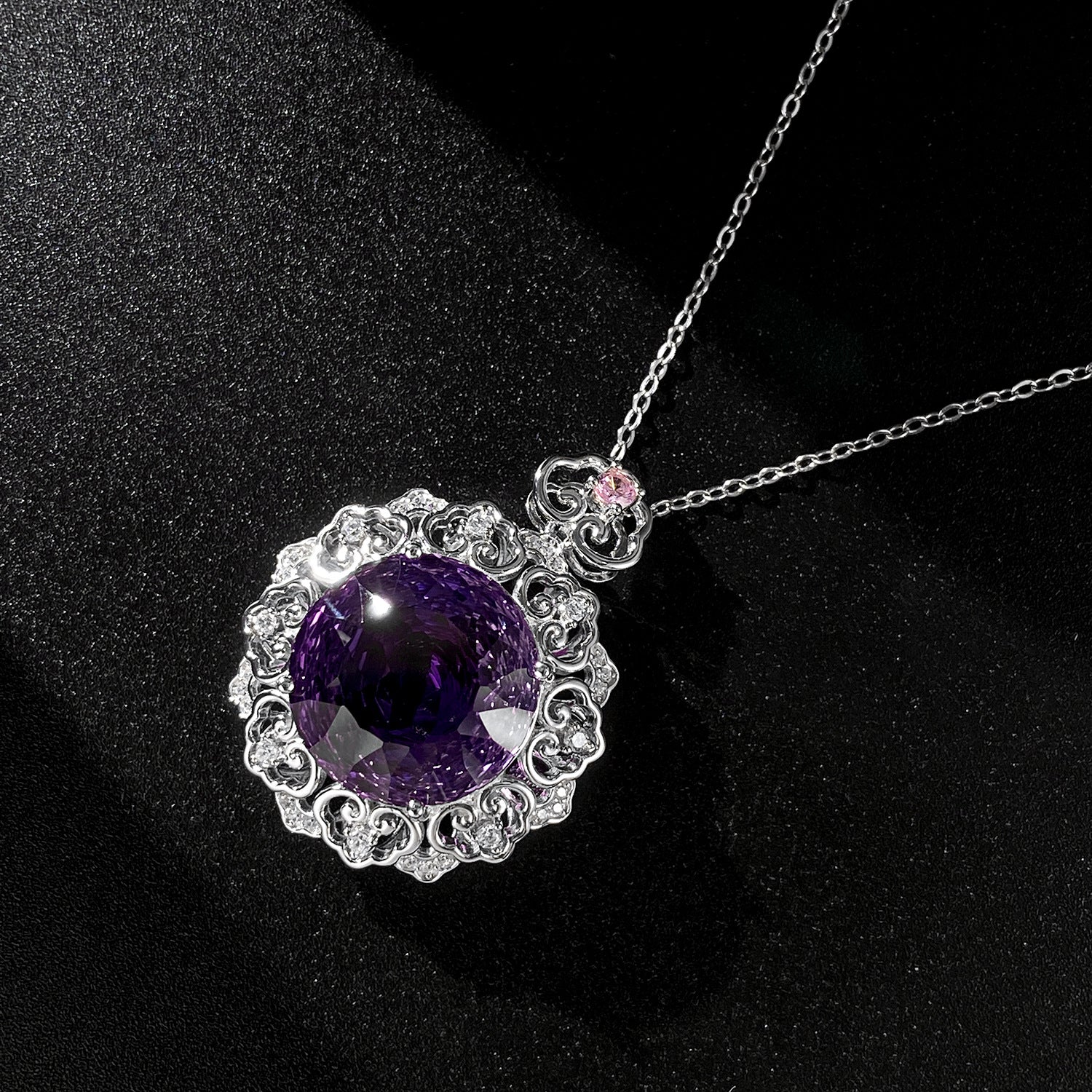 Vintage Geometric Natural Amethyst Crystal 925 Silver O-Chain Luxury Necklace