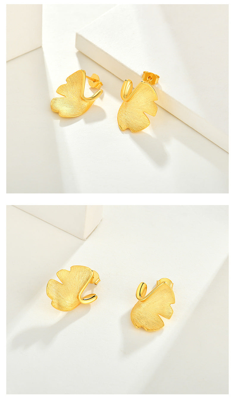 925 Sterling Silver Ginkgo Leaf Stud Earrings | 14K Gold Plated Luxury Jewelry for Women