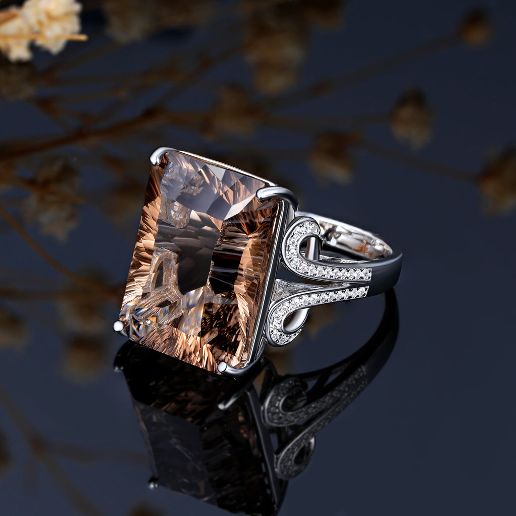 Smoky Reverie – 925 Silver Natural Tea Crystal Geometric Luxury Ring