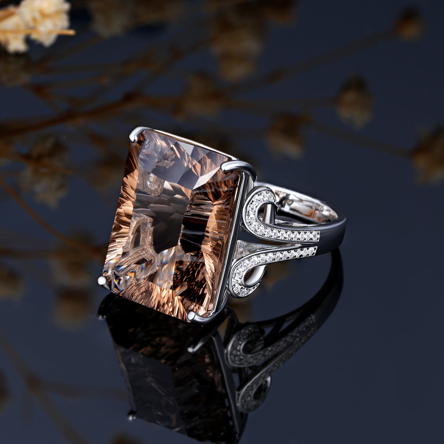 Smoky Reverie – 925 Silver Natural Tea Crystal Geometric Luxury Ring