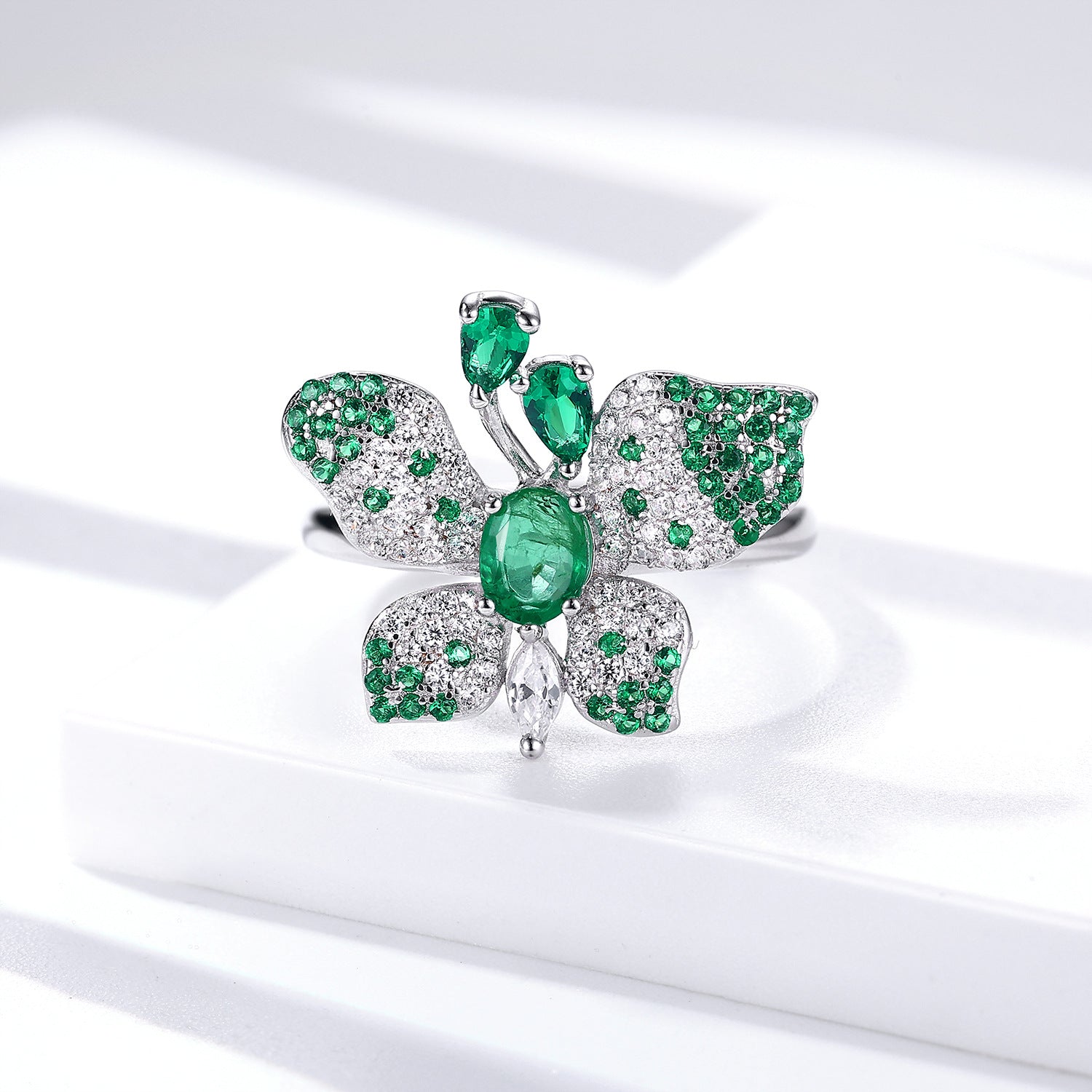 925 Silver Natural Emerald Butterfly Adjustable Luxury Ring Platinum Finish
