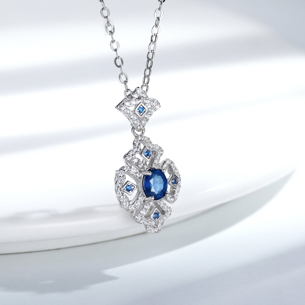 Natural Sapphire Retro Geometric Pendant 925 Silver Platinum Gold Luxury Necklace