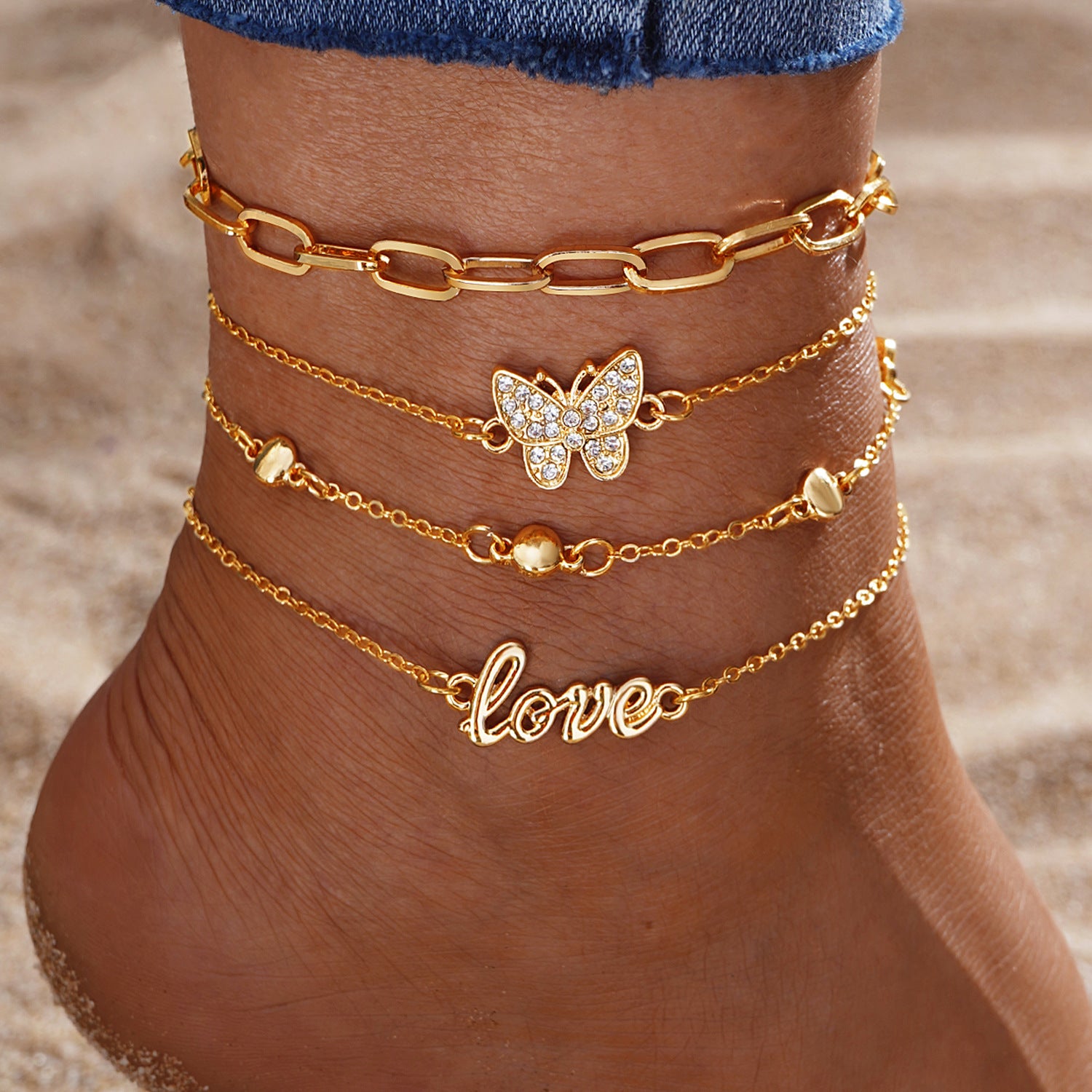 Luxury Gold Anklet Set | 4-Piece Geometric Beach Jewellery
