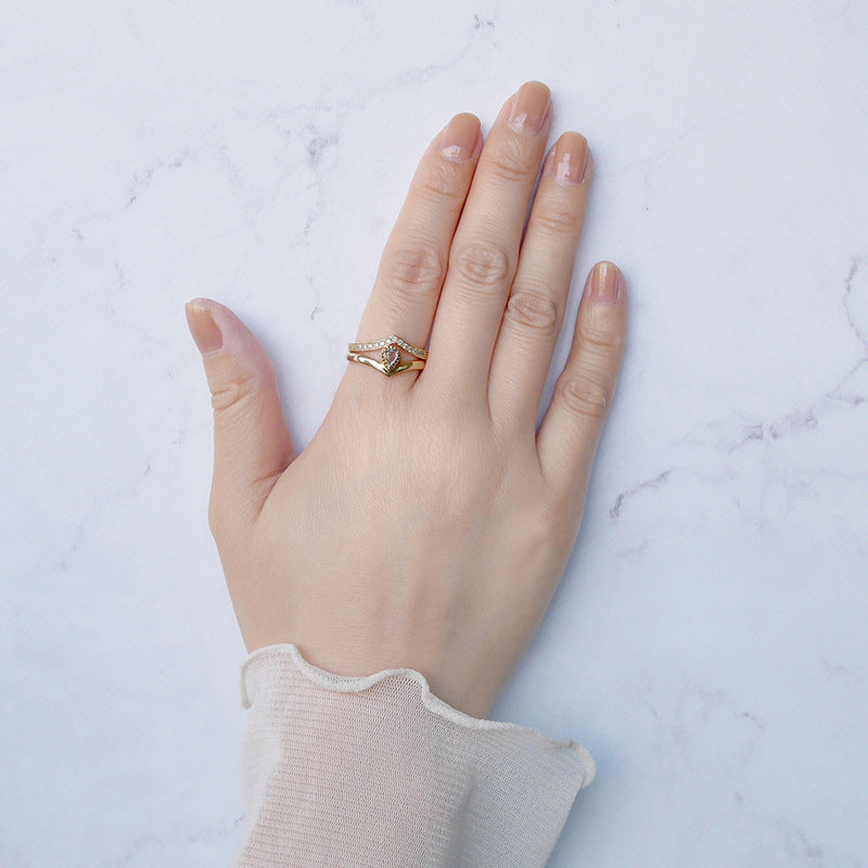 Golden Moonstone V-Shape Drop Ring | S925 Silver & 14K Gold