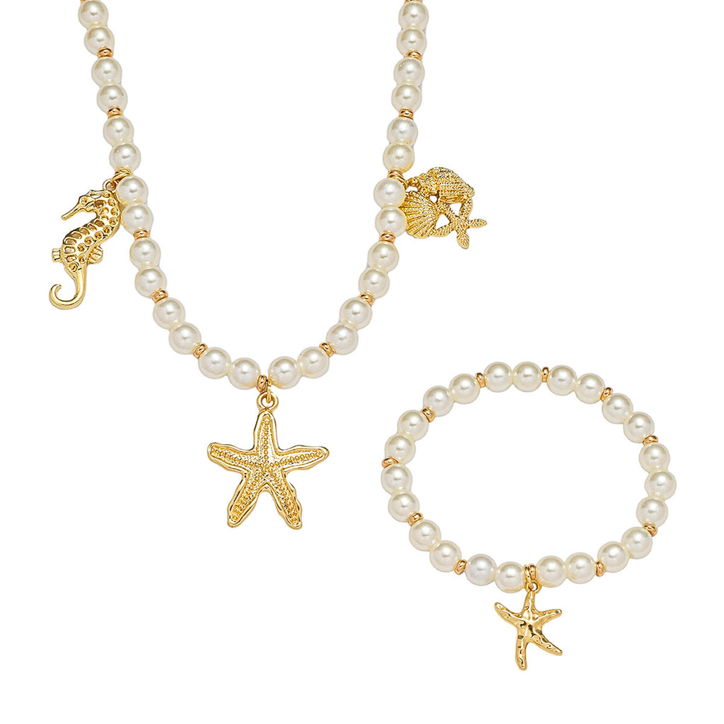 Pearl Chain Shell Necklace & Starfish Bracelet Set | Luxury Ocean-Inspired Jewelry