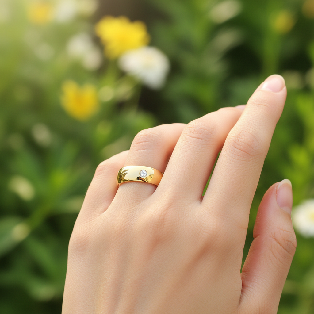 Couple ring on hand in garden