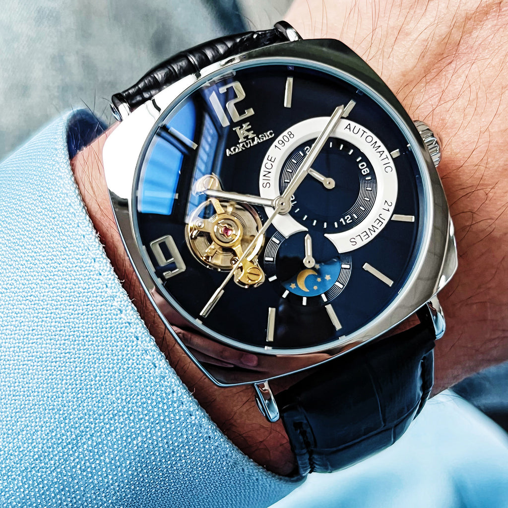 Square Automatic Mechanical Watch – Men's Luxury Wristwatch | Rose Gold & Silver