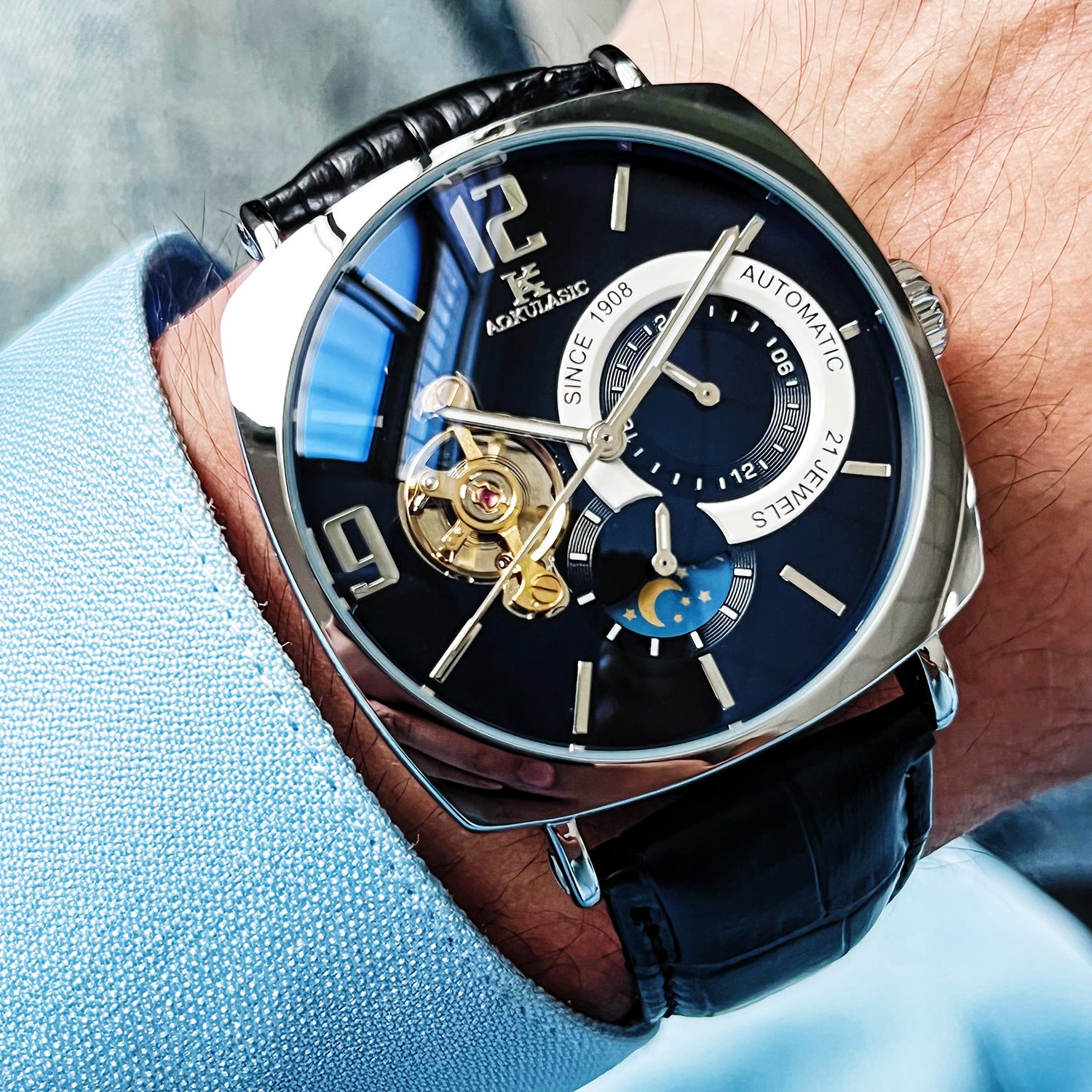 Square Automatic Mechanical Watch – Men's Luxury Wristwatch | Rose Gold & Silver