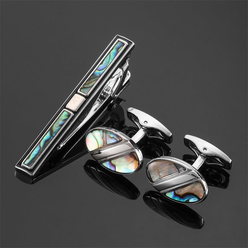 18K Floral Cufflinks & Tie Clip Set — Rose, Crystal & Enamel
