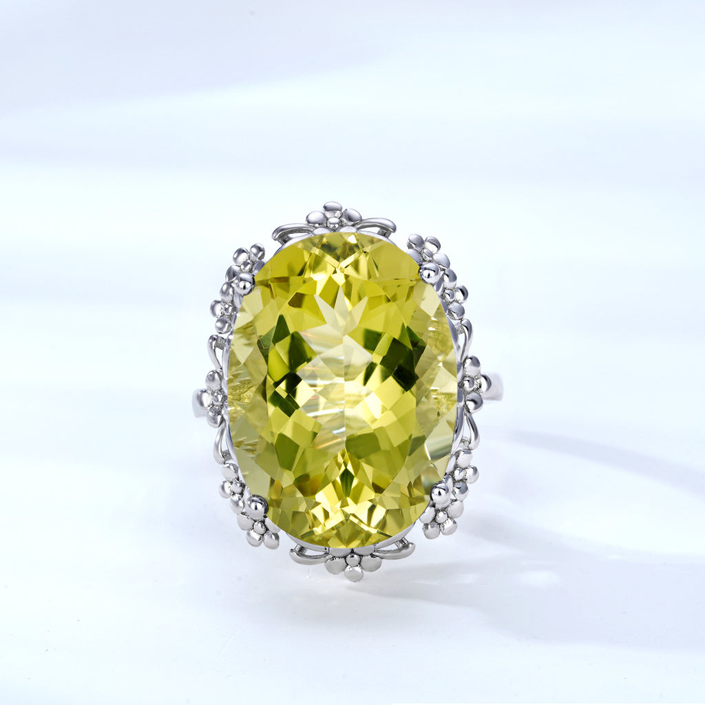 Natural Citrine Lemon Crystal 16x22mm Geometric 925 Sterling Silver Luxury Ring