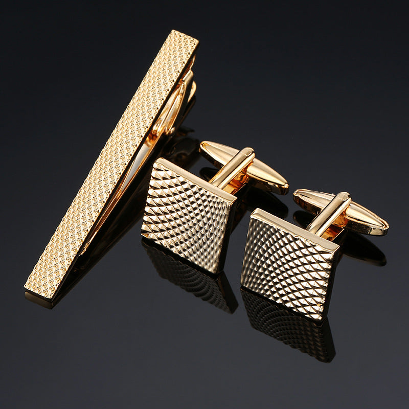 18K Floral Cufflinks & Tie Clip Set — Rose, Crystal & Enamel