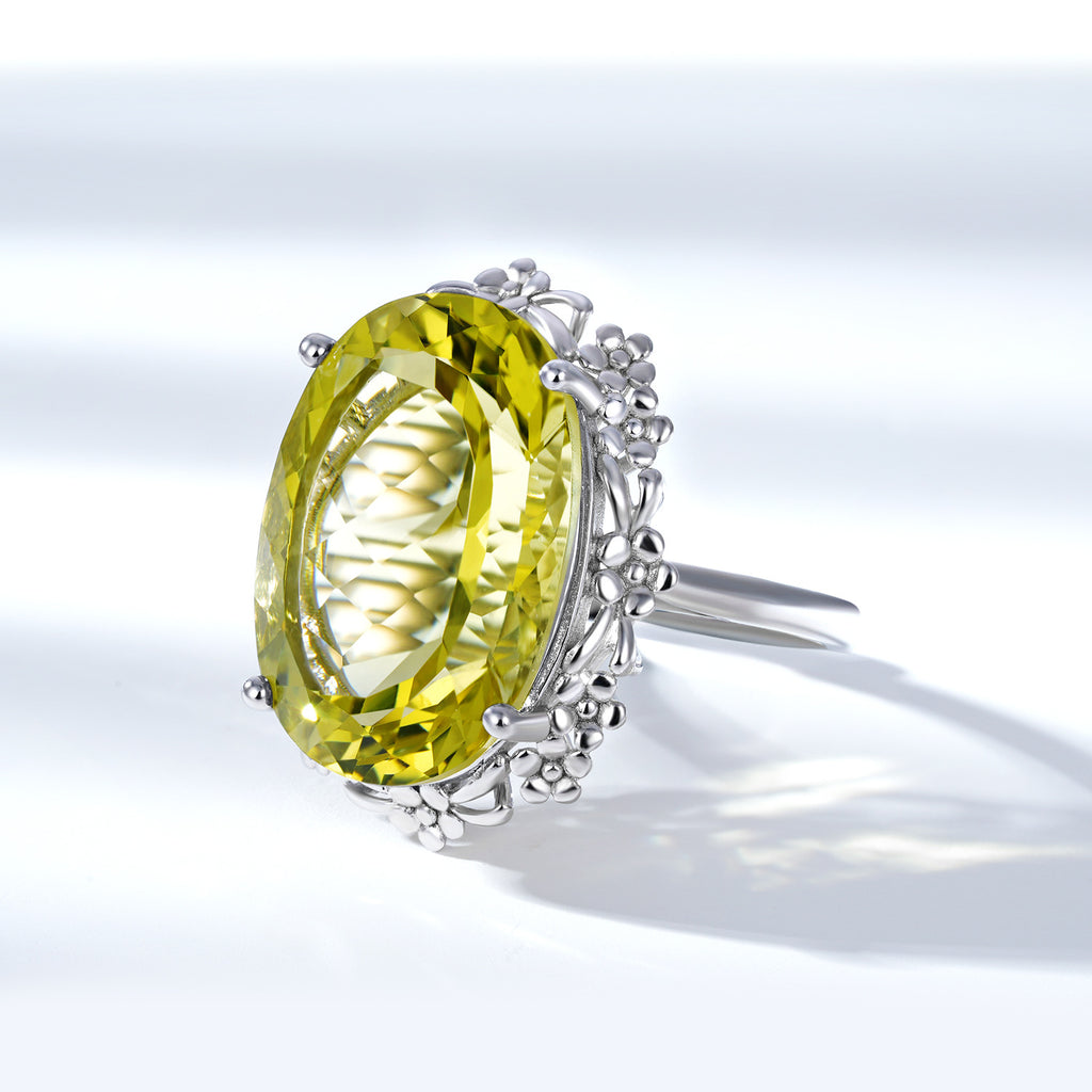 Natural Citrine Lemon Crystal 16x22mm Geometric 925 Sterling Silver Luxury Ring