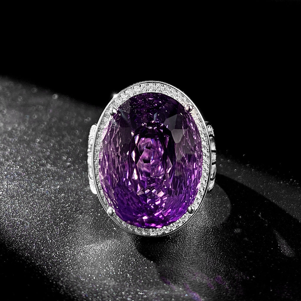 925 Silver Natural Amethyst Geometric Crystal Luxury Ring Sizes 6-9