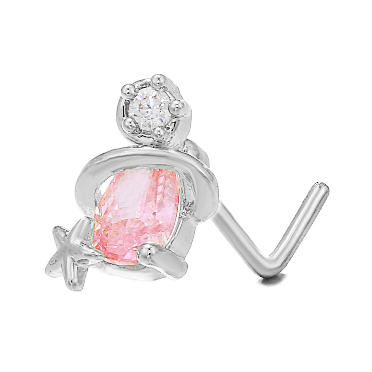 18K Zircon Nose Stud | Luxury Geometric Piercing | Gold, Silver & Pink