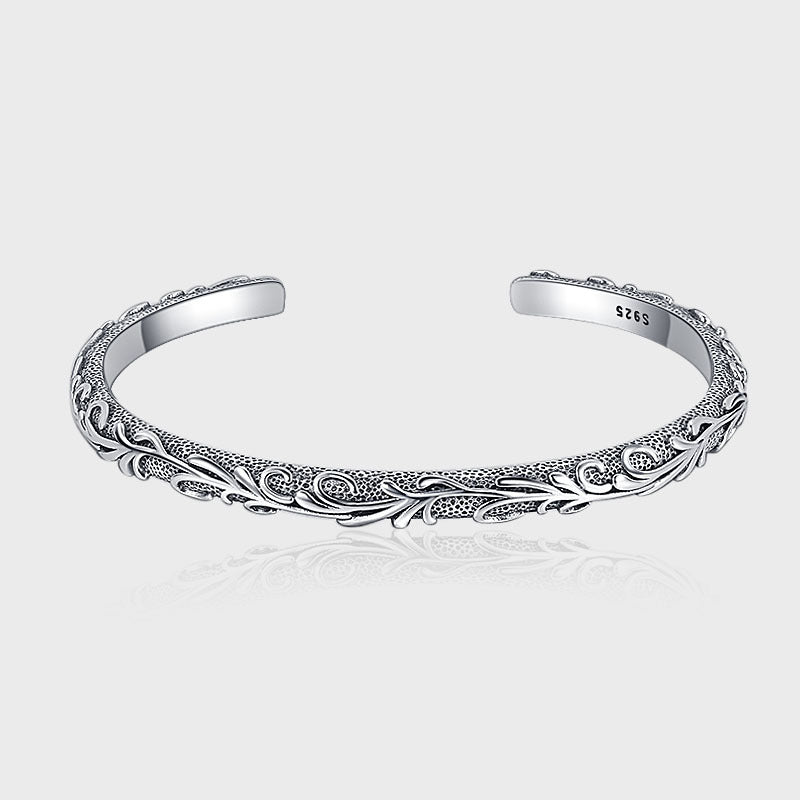 Thai Silver Vintage Tang Grass Carved 925 Sterling Silver Luxury Bracelet