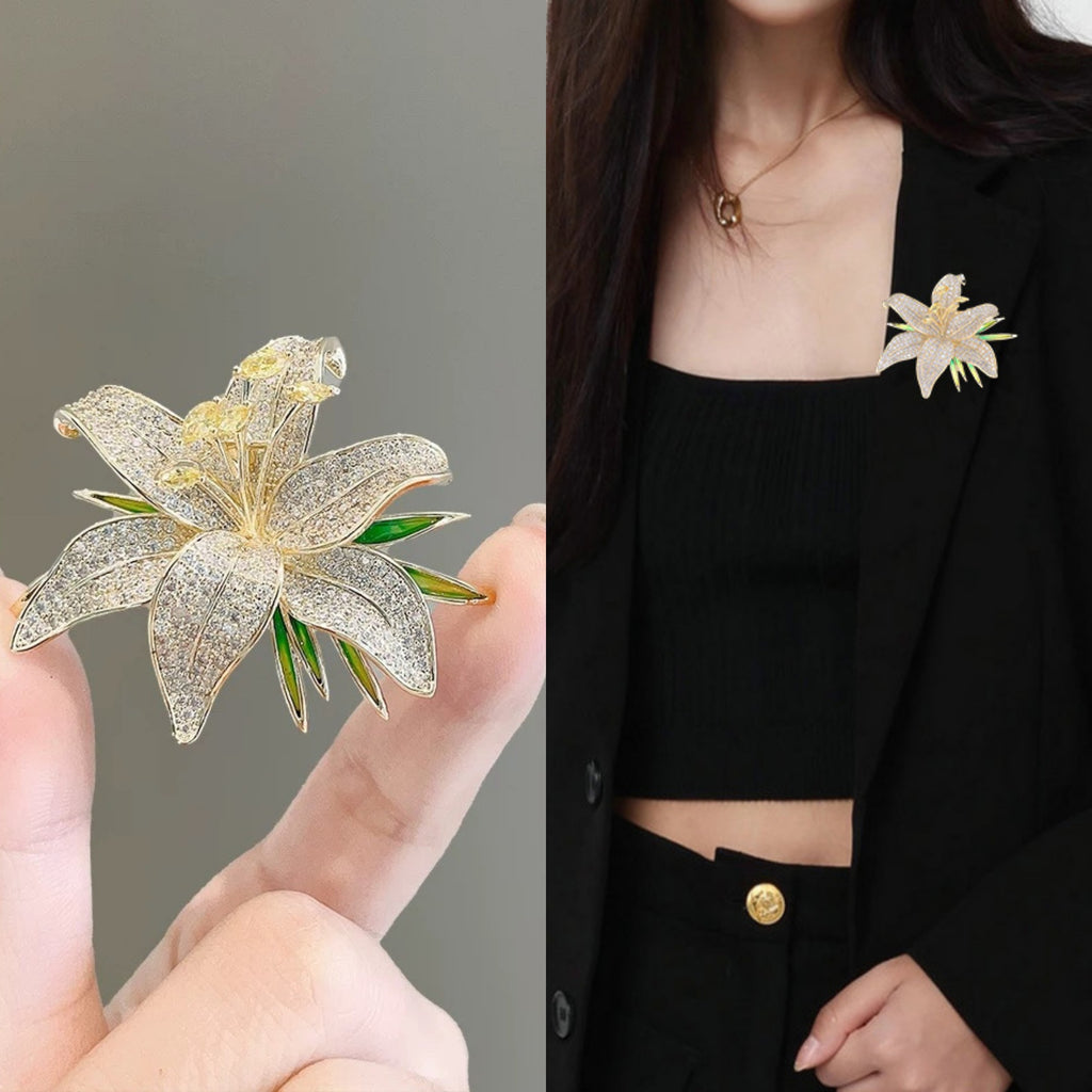 Full Diamond Lily Brooch | Elegant Luxury Women's Collar Pin
