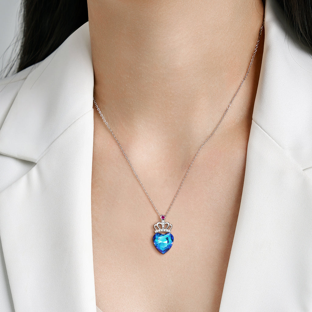 Blue Light Peach Heart Crown 925 Sterling Silver Electroplated Luxury Necklace