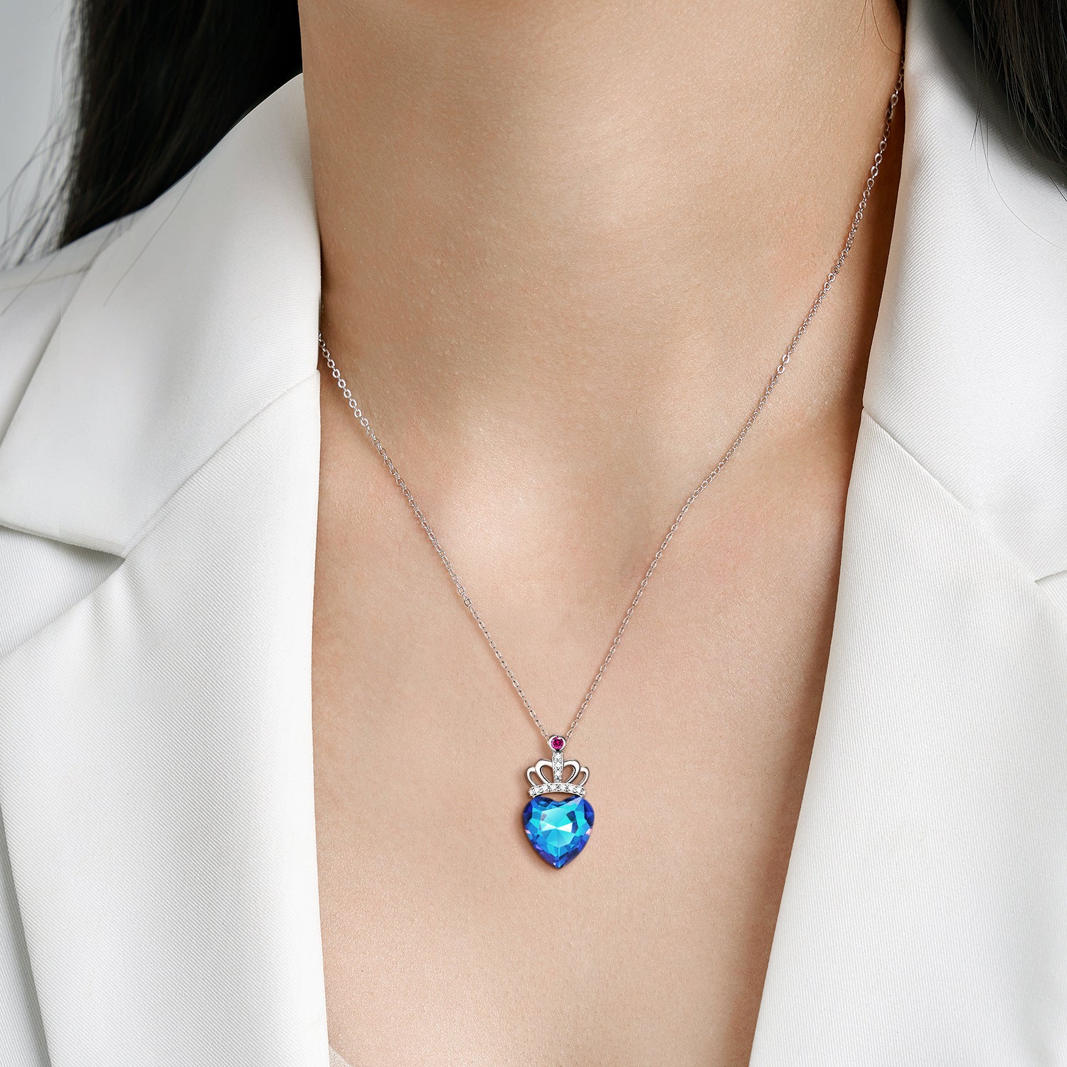 Blue Light Peach Heart Crown 925 Sterling Silver Electroplated Luxury Necklace