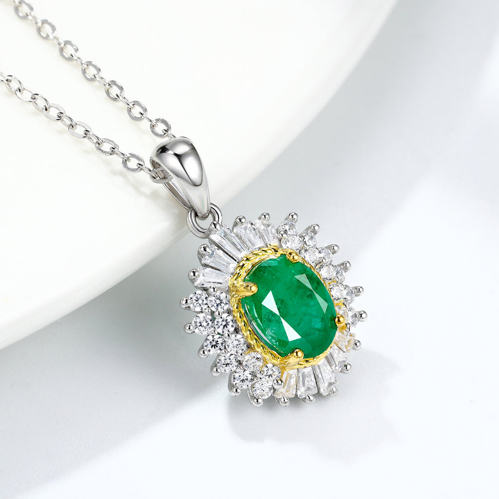Vivid Natural Emerald 5x7mm Floral Pendant 925 Sterling Silver Luxury Necklace