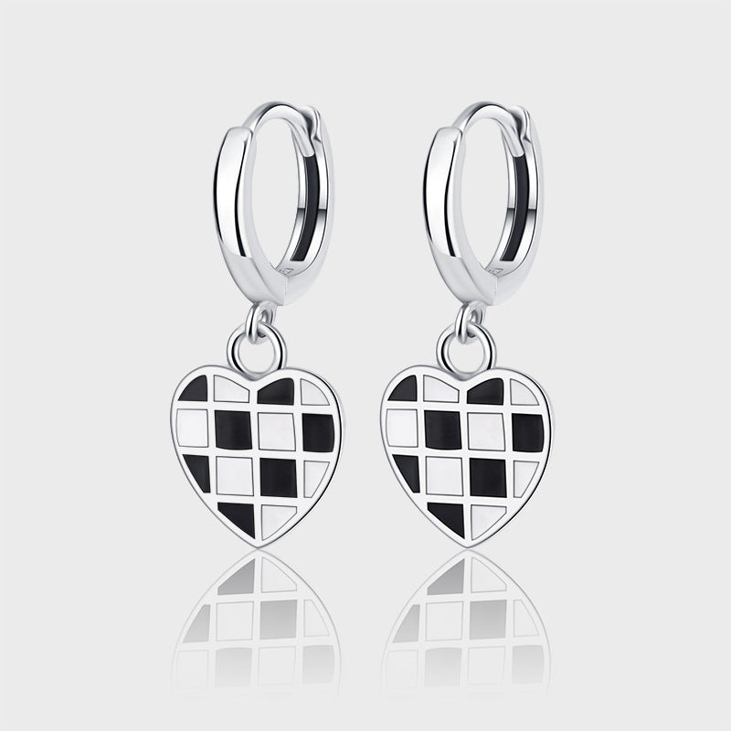Checkered Heart – 925 Sterling Silver Black & White Oil Drop Heart Luxury Earrings
