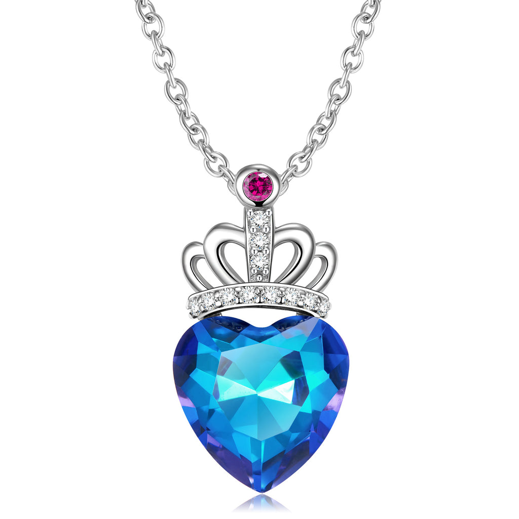 Blue Light Peach Heart Crown 925 Sterling Silver Electroplated Luxury Necklace