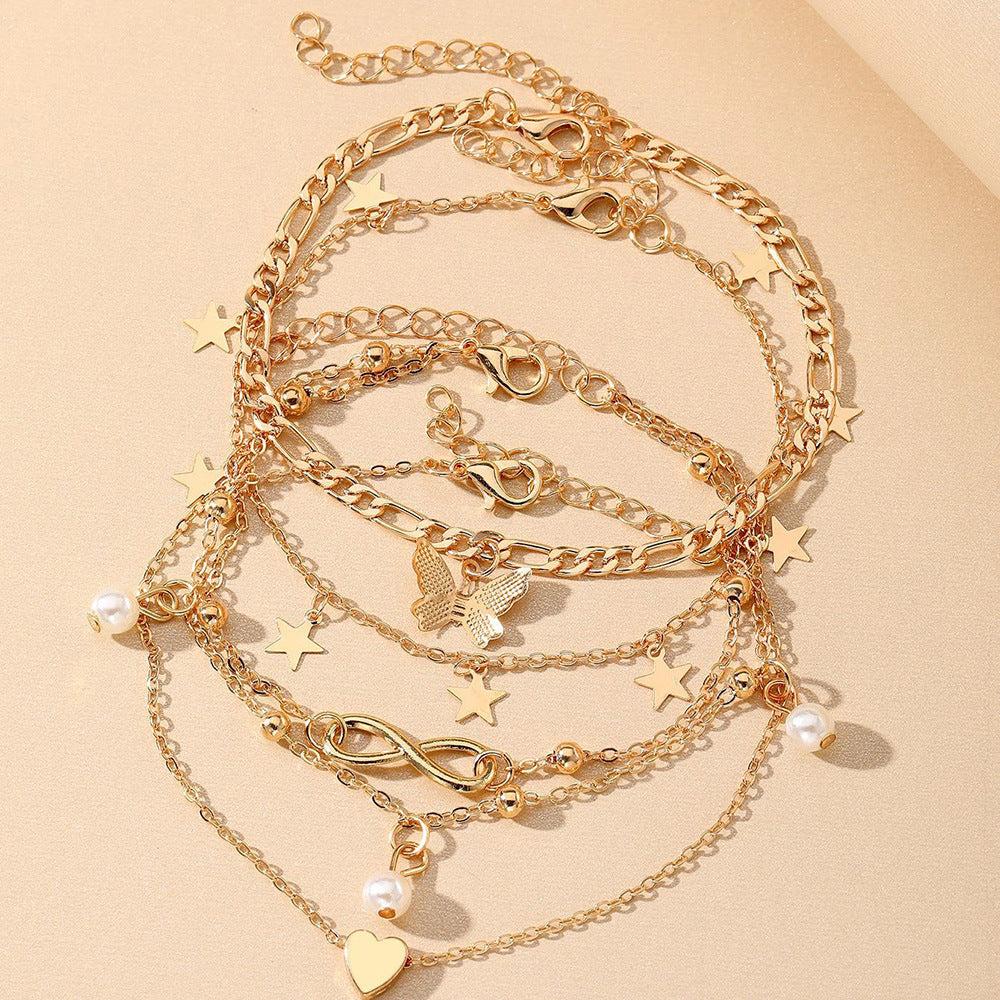 Luxury Butterfly & Pearl Anklet Set | 4-Piece Multi-Layer | Women's Jewellery