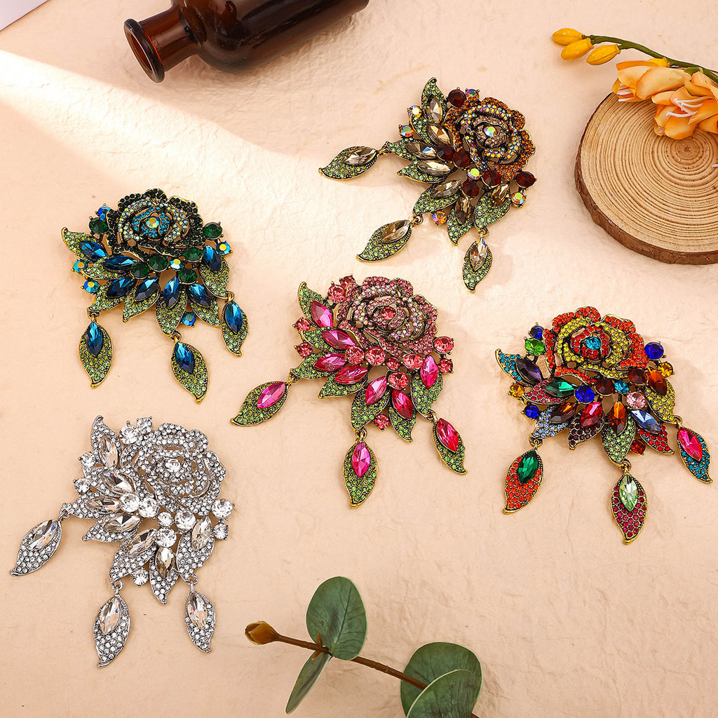 Luxury Diamond Flower Brooch | Full Crystal Rose Pin | 5 Colours